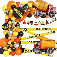 Amandir Construction Party Balloon Garland Kit, Construction Birthday Party Supplies with Orange Black Truck Foil Balloon Caution Tape Truck Banner for Construction Quarantine Party Decorations