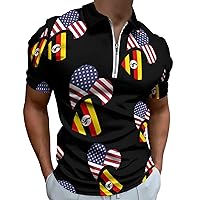 Uganda US Flag Mens Polo Shirts Quick Dry Short Sleeve Zippered Workout T Shirt Tee Top