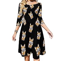 Lucky Corgi Midi Dresses for Women Tie Flared A-Line Swing 3/4 Sleeves Cute Sundress