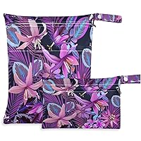 visesunny Tropical Purple Flower Palm 2Pcs Wet Bag with Zippered Pockets Washable Reusable Roomy for Travel,Beach,Pool,Daycare,Stroller,Diapers,Dirty Gym Clothes, Wet Swimsuits, Toiletries