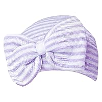 Melondipity Newborn Striped Baby Hat with Bow - Baby Beanie Head Wraps for Girls - Soft Knitted & Cute Fall Winter Hospital Caps for Infants Purple and White Striped Hat