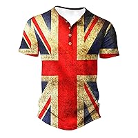 Plus Size Patriotic Golf T-Shirts Mens Britain Flag Henley Shirt Vintage Print Short Sleeve Button V Neck Tops
