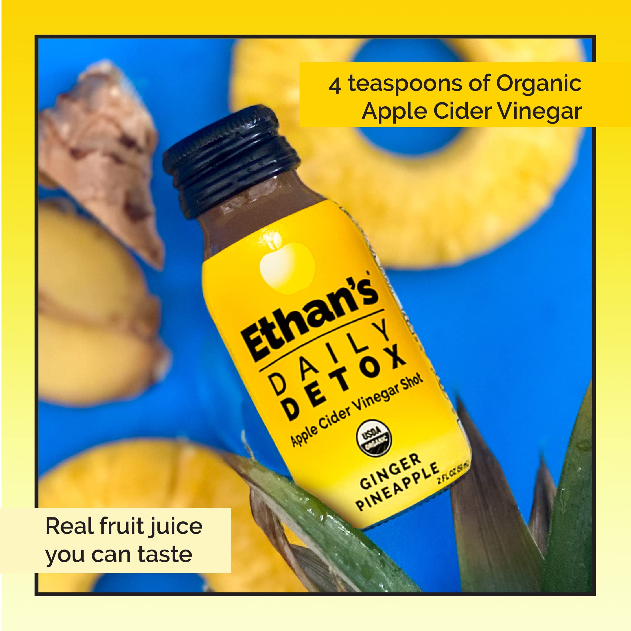 Ethan's Daily Detox Shot, Ginger Pineapple Flavor, ACV Organic Apple Cider Vinegar Shots, Natural Body Juice Cleanse, Digestion Support, Gluten Free (12 Pack of 2oz Shots)
