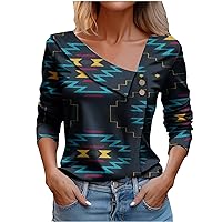 Womens Spring Tops Aztec Print Western Shirts Long Sleeve Asymmetric Blouse Business Workwear Streetwear Y2K Clothes