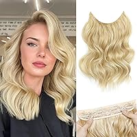 MORICA Invisible Wire Hair Extensions - 14 Inch Hair Extensions Halo Long Wavy Synthetic Hairpiece with Transparent Wire Adjustable Size, 4 Secure Clips for Women(Ash Blonde Mix Bleach Blonde,14Inch)