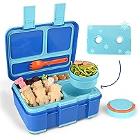 Genteen Bento Lunch Box with 3 Compartments for Measl and Snacks, Sauce Container,Utensils & Removable Ice Pack- Ideal Portion Sizes for Ages 3 to 7 - BPA-Free, Dishwasher Safe (Blue)