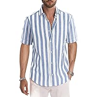 JMIERR Men's Casual Stylish Short Sleeve Button-Up Striped Dress Shirts Cotton Beach Shirt