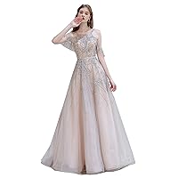 Women's Beaded Sequins A-Line Lace-up Tulle Evening Dress