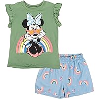 Disney Minnie Mouse Rainbow Floral July 4th T-Shirt and Twill Shorts Outfit Set Infant to Big Kid Sizes (12 Months - 14-16)