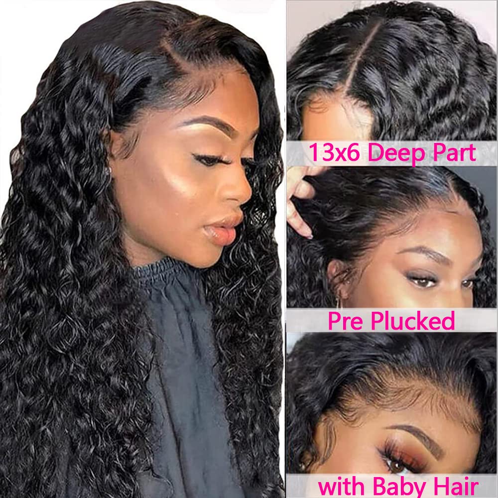 CHEETAHBEAUTY Deep Wave 13X6 HD Transparent Lace Front Wigs Brazilian 10A Grade Deep Curly Human Hair Wigs for Black Women Pre Plucked with Baby Hair Natural Black 180% Density (30inch)