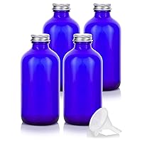 JUVITUS 8 oz Cobalt Blue Glass Boston Round Bottle with Silver Metal Screw On Cap (4 Pack) + Funnel
