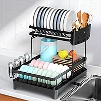 Dish Rack 2 Level Countertop Drying Rack with Drain Tray, Kitchen Dish Strainers with Utensil Holder,Overhang Cutting Boards Large Capacity and Space Saving