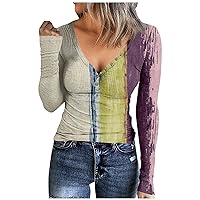 Womens Fashion Henley Shirts Button Scoop Neck Tunic Tops Ribbed Long Sleeve T-Shirts Casual Graphic Teen Outfits