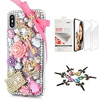 STENES iPhone X/iPhone Xs Case - Stylish - 3D Handmade [Sparkle Series] Bling Bowknot Crown Key Bag Rose Flowers Design Cover Compatible with iPhone X/iPhone Xs with Screen Protector [2 Pack] - Pink