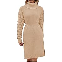 Women Knit Turtleneck Dress Elegant Long Sleeve Cable Sweater Midi Dress Slim Fit Long Sleeve Slit Jumper Dresses