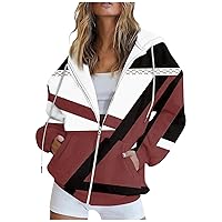 Oversized Zip Up Hoodie For Women Novelty Color Block Long Sleeve Loose Drawstring Sweatshirt Pocket Jacket Outwear