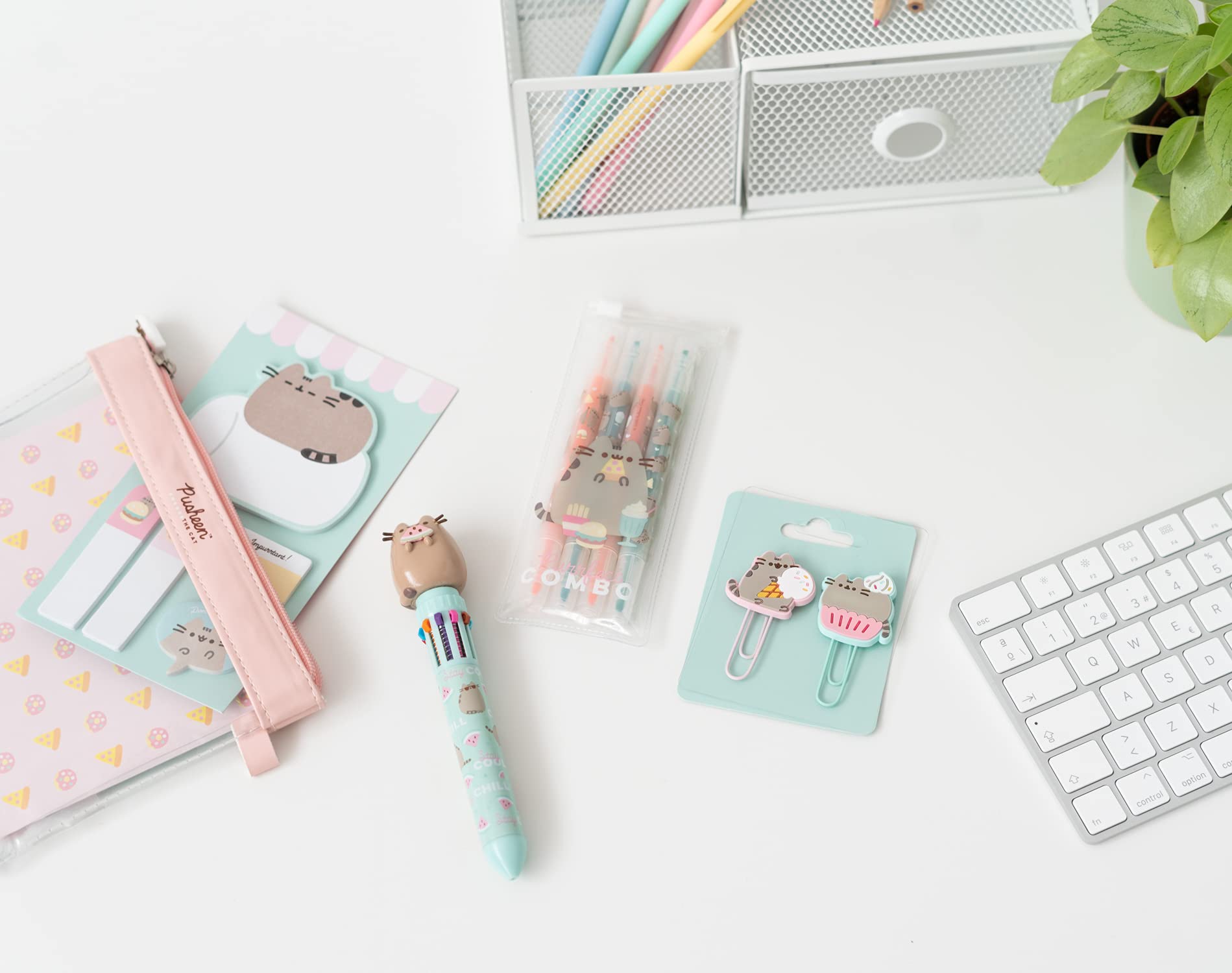 Pusheen Stationery Set - Pusheen Pencil Case with Pen, Highlighter Set, Self Adhesive Notes, Paper Clips - Pusheen Foodie Collection