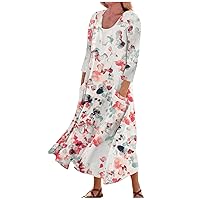 3/4 Sleeve Dresses for Women Summer Flowy Beach Sundresses Printed Maxi Dresses Casual Boho Long Dress with Pockets