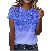 Women's Summer Tops Casual Glitter Printed T Shirts Short Sleeve Crew Neck Stretch Tee Shirt Top Blouses Tunics