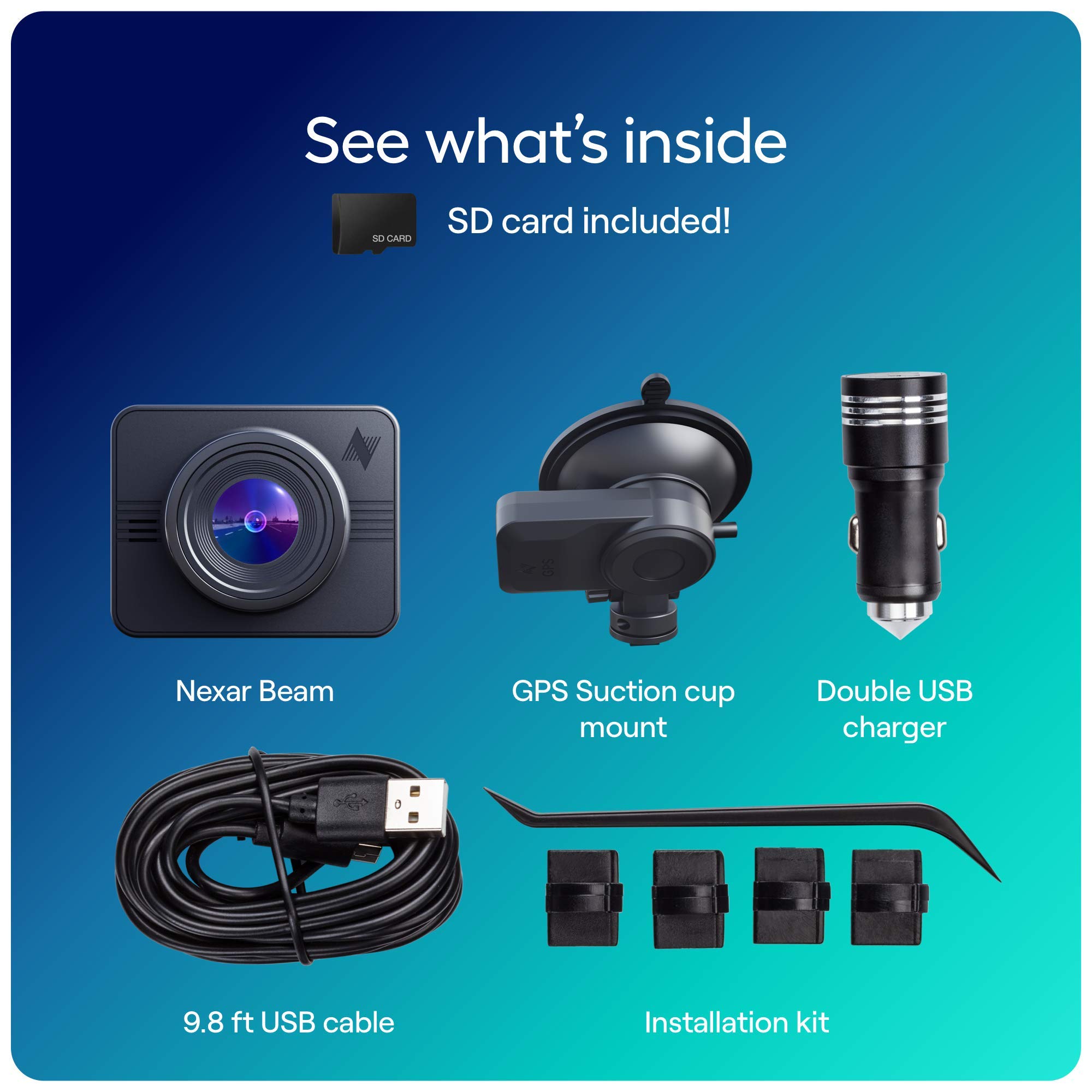 Nexar Beam GPS Dash Cam | HD Front Dash Cam | 2022 Model | 32 GB SD Card Included | Unlimited Cloud Storage | Parking Mode | WiFi