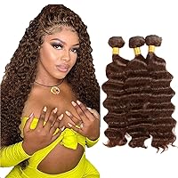26 28 30 Inch Brown Deep Wave Bundles Color #4 Human Hair Bundles Brazilian Light Brown Wet and Wave Hair Weave Bundles Double Weft Remy Hair Extensions Chocolate Brown Deep Wave Bundle