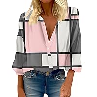 Lounge 3/4 Sleeve Going Out Tunic Women Long Spring Print Loose Fit Shirts Polyester V Neck Button Up Cosy Pink L