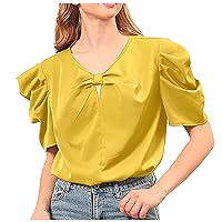 Women's 2024 Casual V-Neck Bow Knot Tops Elegant Puff Sleeve Keyhole Hollow Out Blouse Dressy Solid Loose Fit Shirts