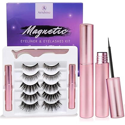Arishine Magnetic Eyeliner and Lashes Kit, Magnetic Eyeliner for Magnetic Lashes Set, With Reusable Lashes [5 Pairs] Black