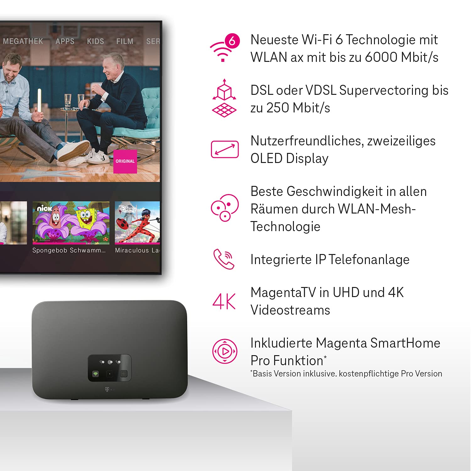 Telekom Router Speedport Smart 4 | Wi-Fi 6 mit bis zu 6000 Mbit/s | WLAN-Mesh-Technologie & Magenta SmartHome Basis integriert I ideal für Entertain TV in UHD & 4K I inkl. DECT Basisstation