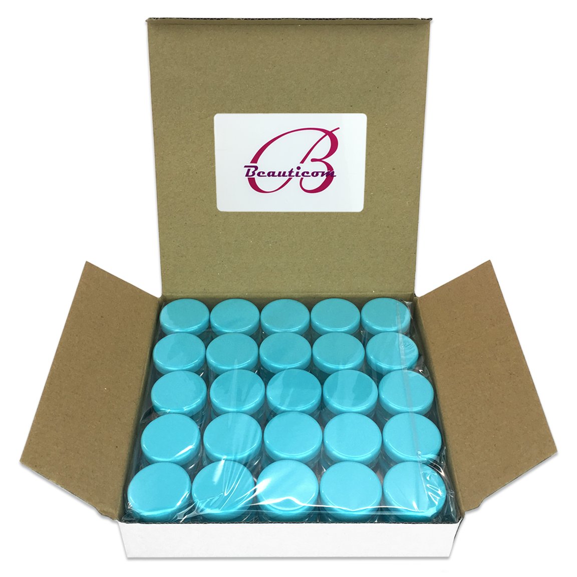 (Quantity: 50 Pieces) Beauticom 5G/5ML Round Clear Jars with Teal Sky Blue Lids for Scrubs, Oils, Toner, Salves, Creams, Lotions, Makeup Samples, Lip Balms - BPA Free