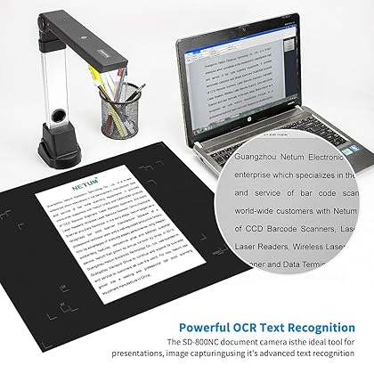 NetumScan Book & Document Camera for Teachers, Multi-Language OCR and English Article Recognition by AI Technology, Real-time Projection, Video Recording, Foldable & Portable, Only Windows