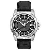 Bulova Men's Precisionist 3-Hand Calendar in Stainless Steel with Black Leather Strap and Black Patterned Dial Style: 96B158