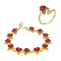 U7 18K Gold Plated Red Rose Bracelet+Adjustable Ring