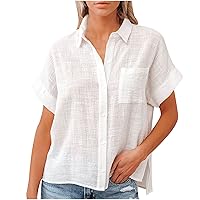 Black of Friday Early Deals Womens Cotton Linen Blouses Casual Button Down Shirts 2024 Short Sleeve Loose Work Tops Solid Dressy Shirt Top with Pocket Best Cyber of Monday Deals