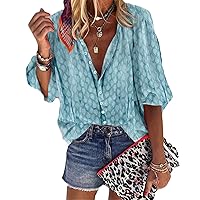 Andongnywell Womens V Neck Blouse Button Down Long Sleeve Loose Summer Shirts Tops