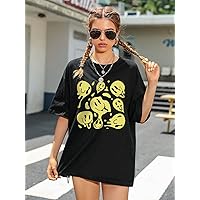 Women's T-Shirt Smile Face Print Oversized Tee T-Shirt for Women (Color : Black, Size : X-Small)