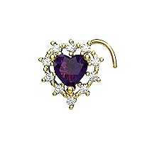 22k Gold Plated Amethyst Stone Halo Heart Nose Stud 925 Sterling Silver with CZ Diamond Stone