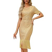 Women's Round Neck Short Sleeve Solid Color Vintage Sequin Fringe Dress Sexy Party Club Cocktail Dresses, S-2XL