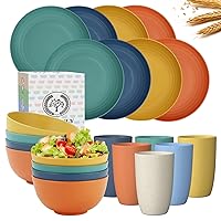 Homienly 22PCS Wheat Straw Dinnerware Set,Wheat Straw Cups,Bowls,9 inch Deep Dinner Plates,Unbreakable Plates and Blows Stes,Plastic Stackable Water Tumblers,Dishwasher and Microwave Safe,Multi Color