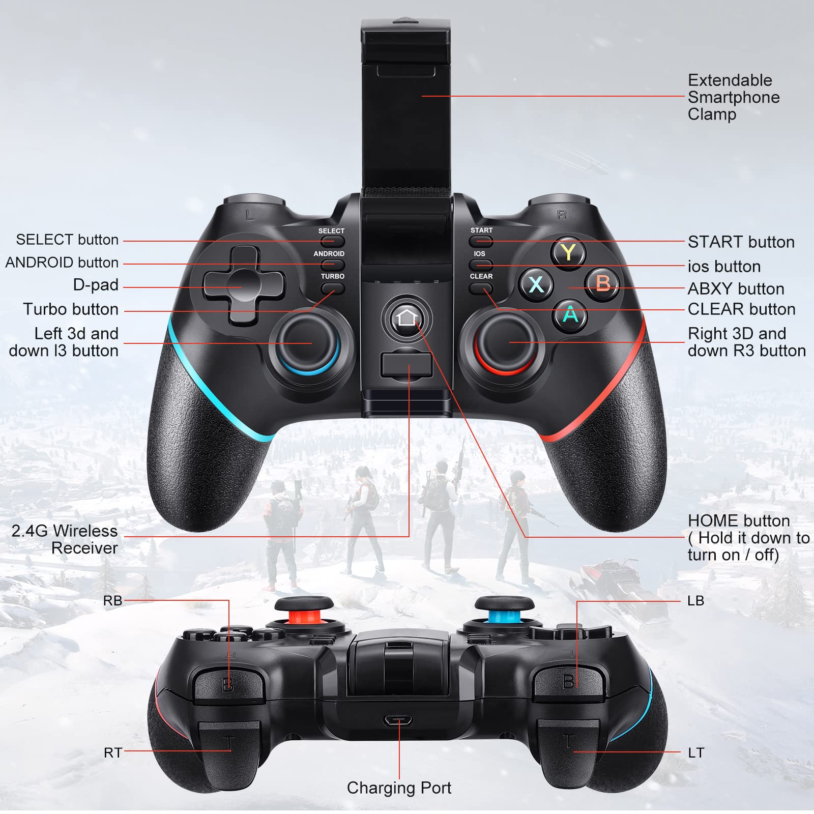 Vbepos Mobile Gaming Controller, Upgrade Bluetooth & 2.4G Wireless Controller for iPhone Android/PC Windows/Smart TV/ PS3/ PS4