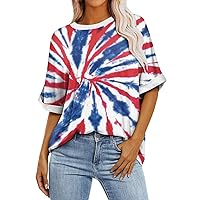 Women's Patriotic T-Shirts Patriotic Shirts for Women 2024 American Print Vintage Fashion Loose Fit with Short Sleeve Round Neck Blouses Blue Large
