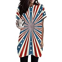 4th of July Shirts for Woman,Womens Summer Hoodies Short Sleeve Drawstring Flag Print Tunic Tops with Pockets