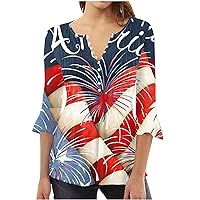 4th of July Flowy Tunic Tops Women 3/4 Bell Sleeve V Neck Henley Shirts American Flag Button Pleated Elegant Blouse