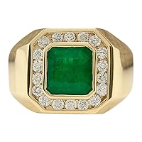4.26 Carat Natural Green Emerald and Diamond (F-G Color, VS1-VS2 Clarity) 14K Yellow Gold Luxury Statement Ring for Men Exclusively Handcrafted in USA