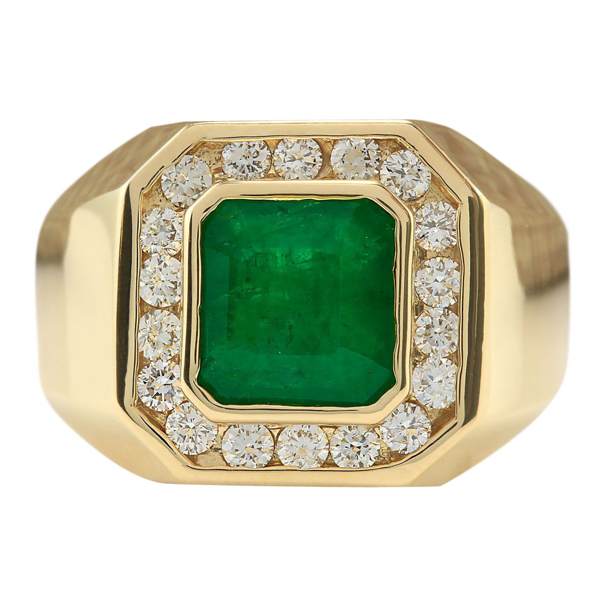 4.26 Carat Natural Green Emerald and Diamond (F-G Color, VS1-VS2 Clarity) 14K Yellow Gold Luxury Statement Ring for Men Exclusively Handcrafted in USA