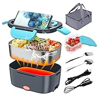 Electric Lunch Box, Food Warmer Heater 12V 24V 110V, 80W Faster Heated Lunch Box for Car/Truck/Home Portable Heating Boxes with 1.5L 304 SS Container Fork & Spoon