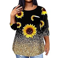 Plus Size T Shirts Plus Size Tops for Women Sunflower Print Casual Fashion Trendy Loose Fit with 3/4 Sleeve Round Neck Shirts Yellow 4X-Large