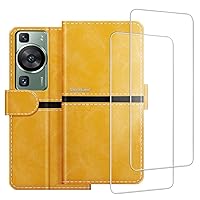 Phone Case Compatible with Huawei P60 + [2 Pack] Screen Protector Glass Film, Premium Leather Magnetic Protective Case Cover for Huawei P60 Pro (6.67 inches) Gold