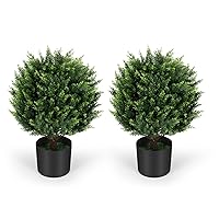 21''T Artificial Cedar Topiary Ball Tree 2 Pack, Outdoors Artificial Shrubs Fake Plants Uv Rated Potted Plants for Outdoor, Indoor, Front Door, Office Decor.