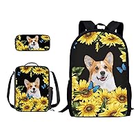 Kids School Bags Pack of 3 Corgi Sunflower Pattern Backpack & Insulated Lunch Bag Pencil Case Teen Girls Boys Student Elementary Travel Daypack Casual Rucksack